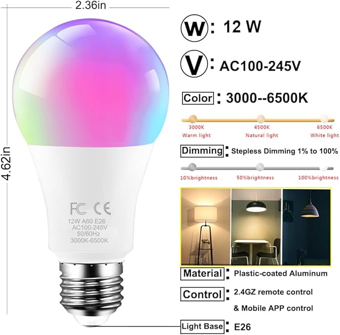 RGBCW E26 Smart Light LED Bulb with a 2.4GHz Remote Control 12W 1000lm Color Changing for Bedroom, Mood Soothing,100W Equivalent,Dimmable 1% to 100% 3000-6500K,2 Bulb & 1Remote