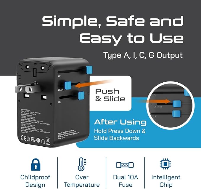 Ceptics GAN 100W Universal Travel Adapter with Retractable USB-C Cable, 2X USB-A & C, Universal Input and 1x USA/JP Input, 7 in 1 Universal Adapter for Worldwide Travel - Type A, C, G, I Output
