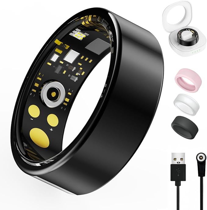 Smart Ring for Women Men, Health Tracker with Heart Rate/Blood Oxygen/Blood Pressure/Sleep Monitoring/Step Counting, IP68 Waterproof Fitness Ring, No App Fees for iPhone & Android (Black, 6#)