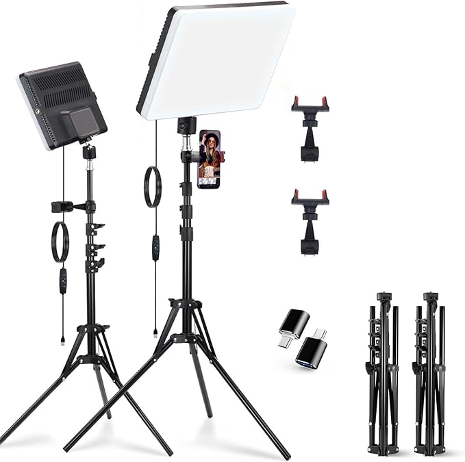 2-Pack LED Video Light Panel, 2700K-7500K Bi-Color Dimmable Photography Lighting Kit with 60" Tripod Stands & Phone Holders, CRI 95+ Studio Lights for Streaming, YouTube, TikTok, Zoom