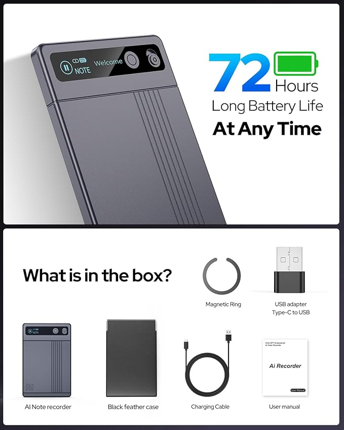 Voice Activated Recorder, Digital Voice Recorder for Lectures, Meetings, Calls, Interviews, AI Note Taking Device Supports 152 Languages with No Subscription, 64GB, Noise Reduction, 72-Hrs Endurance