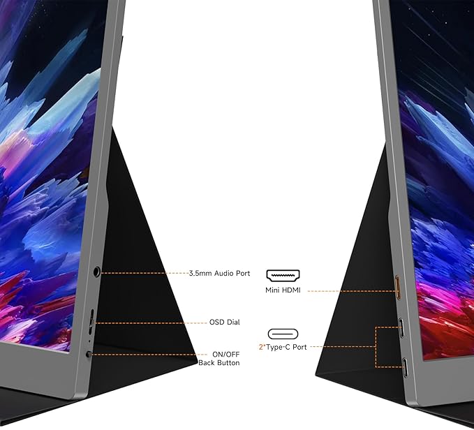 qaf 15.6 Inch Portable Monitor 1080P USB-C HDMI Display, Ultra-Thin IPS Screen, 100% sRGB, Travel Second Monitor for Laptop Mac PC Phone PS5 Xbox, Built-in Speakers, Space Gray