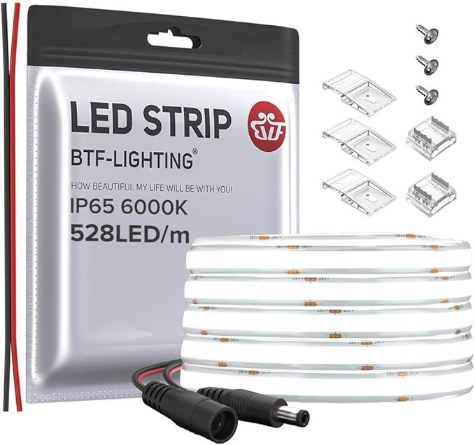 BTF-LIGHTING FCOB COB LED Strip IP65 Flexible High Density Uniform Light 14W/m 16.4FT DC12V Daylight White 6000K 528LED/m CRI 90+ 10mm Width Dimmable LED Ribbon for Decor(No Adapter or Controller)