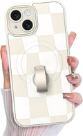 KANGHAR Compatible with iPhone 15 Case, Support for MagSafe, Silicone Checkered Cute Pattern, Wristband Kickstand Camera Protection Soft Slim Cover for Girls Women -White
