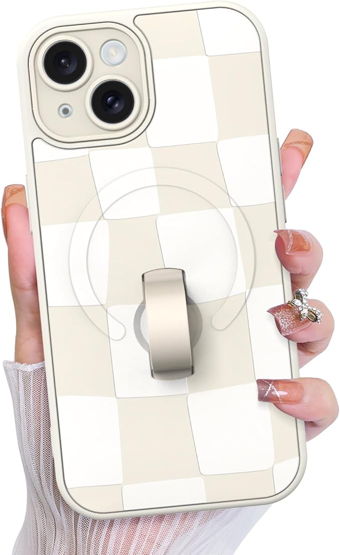 KANGHAR Compatible with iPhone 15 Case, Support for MagSafe, Silicone Checkered Cute Pattern, Wristband Kickstand Camera Protection Soft Slim Cover for Girls Women -White
