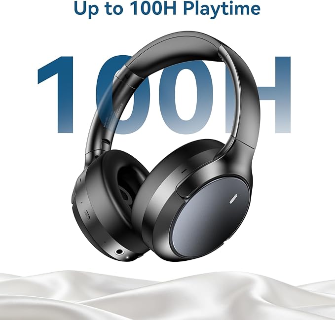 Hybrid ANC Wireless Over-Ear Headphones, 100H Playtime, Hi-Res Audio, Bluetooth 6.0, Multi-Mode Noise Cancellation, Comfort Fit, iOS & Android Compatible, Foldable Design, Travel-Friendly (Black)