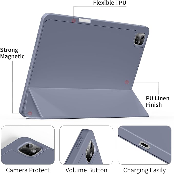 for iPad Pro 13 inch Case (M5/M4) 2025/2024, Slim Protective Cover with Pencil Holder, Soft TPU Back Cover, Trifold Stand, Auto Wake/Sleep, A2925 A2926 A3007 A3362 A3359 (Purple)
