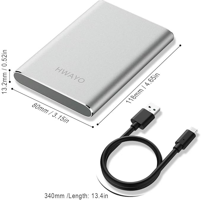 HWAYO 500GB Portable External Hard Drive, USB3.1 Gen 1 Type C Ultra Slim 2.5'' HDD Storage Compatible for PC, Desktop, Laptop, Mac, Xbox One (Silver)