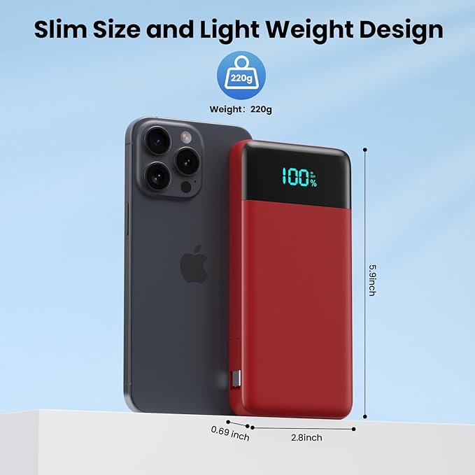 Portable Charger for iPhone,13800mAh Slim Power Bank with Built-in Cables & AC Wall Plug,All in One 4 Outputs USB C Fast Charging Battery Pack Travel Essential for iPhone 17/16/15/14,Android (Red)
