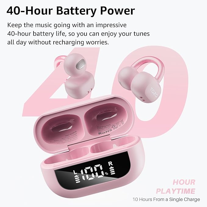 TOZO OpenEarRing True Open Ear Earbuds, Lightweight Comfort Open Ear Clip Wireless Earbuds, 40H Play Bluetooth 5.4 Headphones with Smart Digital Display Design Fit Sports Running, Workout Rose Gold