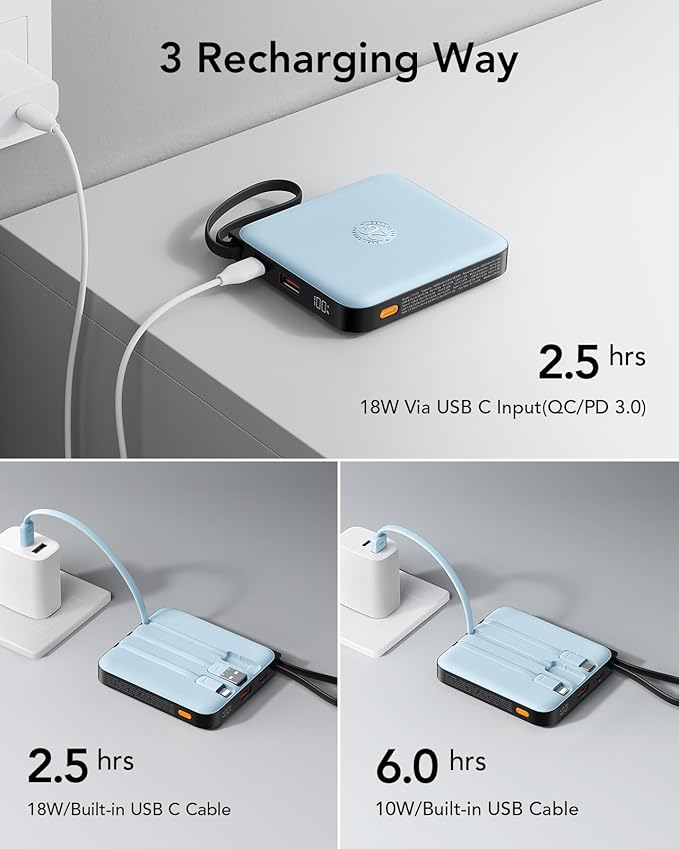 VRURC Portable Charger for iPhone with Built-in Cable, 10000mAh 22.5W Fast Charging USB C Battery Pack, Cell Phone Power Bank for iPhone 17 16 15 & Other Series (Blue)