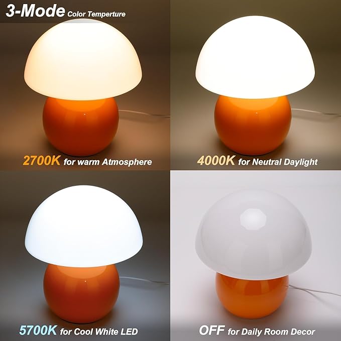 Remote Control Mushroom Lamp with Timer – 3-Color Dimmable Bedside Light, Ceramic Base & Glass Shade, Modern Decorative Night Lamp for Bedroom, Living Room, and Home Office (Sunset Orange)