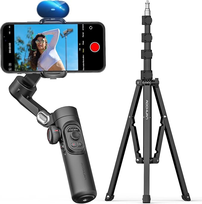 AOCHUAN XE AI Version&AOCHUAN 1.7M Complete Camera Tripod Gimbal Stabilizer for Smartphone,NO APP AI Tracking, Gesture Control, Inception Gimbal with TikTok YouTube,3-Axis Foldable Gimbal stabilizer