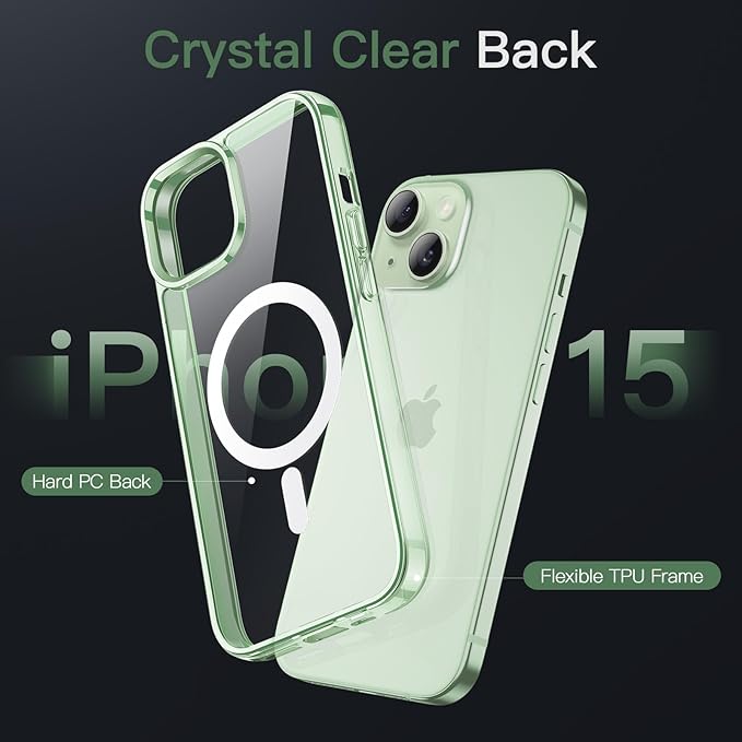JETech Magnetic Case for iPhone 15 6.1-Inch Compatible with MagSafe Wireless Charging, Shockproof Phone Bumper Cover, Anti-Scratch Clear Back (Green)