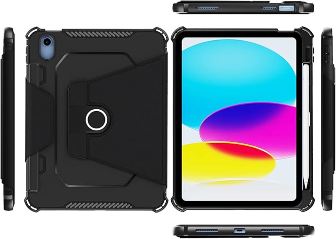 Rotating Case for iPad 11" A16 2025 / iPad 10th Generation 10.9" 2022 Smart Cover with Pencil Holder, Techcircle [Corner Protection] Hybrid TPU+PC Magnetic Flip Stand Soft Bumper Cover, Black