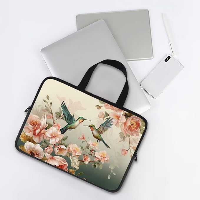 Hummingbird Laptop Sleeve for Women, Protective Computer Cover Case with Handle Briefcase Carrying Bag Compatible 17 Inch Notebook, Chromebook Computer, Vintage Floral