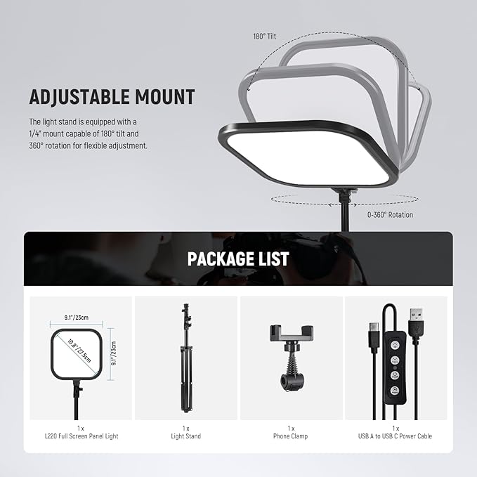 NEEWER BASICS15W 10.8" LED Video Light Panel Lighting Kit with 63" Tripod Stand/Phone Holder,Edge Lit Bi Color Dimmable Full Screen Light 816lux CRI95+ for Photography Filming Recording Streaming,L220