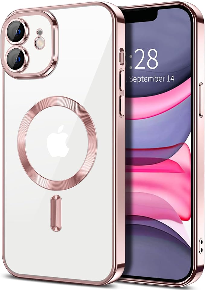 Hython Magnetic Clear for iPhone 11 Case with Camera Lens Protector [Compatible with MagSafe] Luxury Plating Edge Slim Soft TPU Cover Protective Phone Case for iPhone 11 6.1", Pink