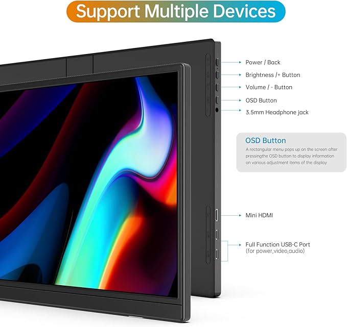 Portable Monitor 16.0inch FHD 1920 * 1200P USB C HDMI Ultra-Slim IPS Travel Display & Speakers, HDR Plug&Play, External Monitor for Laptop PC, Phone,Mac