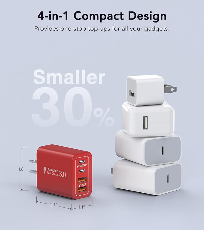 [2Pack] 40W USB C Wall Charger, Super Fast Charging Block PD+QC 4 Port Charger Cube for iPhone 17/16,iPad Pro/Mini/Air, iPod Nano, iPod Touch, Switch, Smart Phone, Smartwatches and Tablet(Red)
