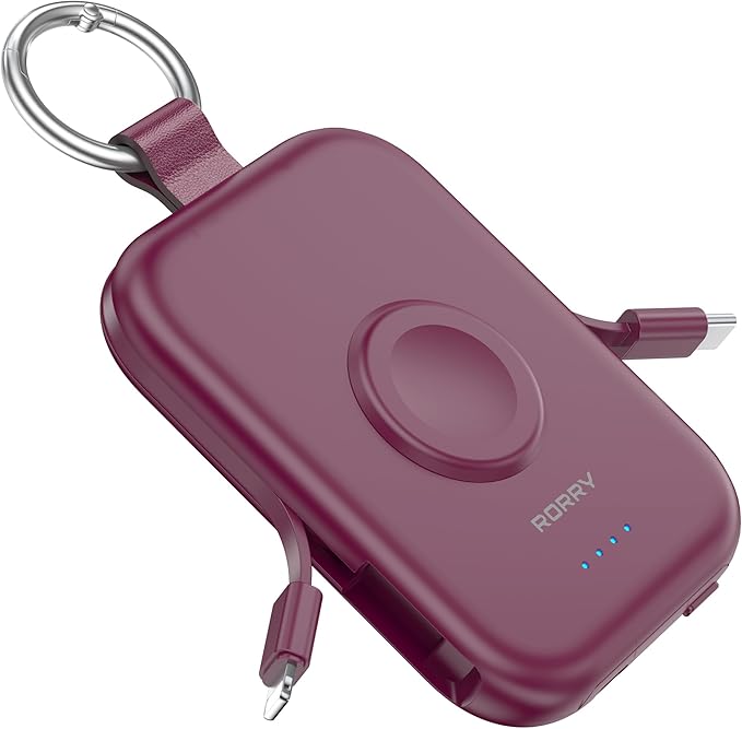 RORRY Portable Charger, 5000mAh Portable Charger Power Bank with Built-in Cables, Travel Keychain Battery Pack for Apple Watch Ultra/11/10/9/8/7/6/SE, iPhone Air/17/16/15/14/13/12, Burgundy