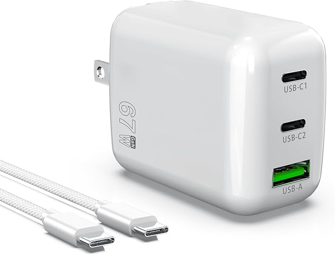 67W USB C Wall Charger, 3-Port GaN Fast Charger Block,Replacement for MacBook Pro/Air, iPad, iPhone 15/14/Pro, Galaxy, Pixel, Apple Watch and More