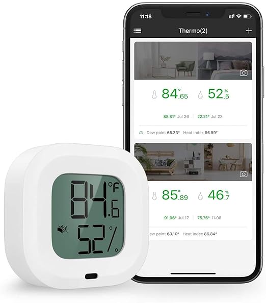 Wireless Thermometer Hygrometer for iPhone/Android, Smart Bluetooth Humidity Temperature Sensor with Alarm and Data Storage for Green House Guitar Camera Storage Humidor Incubator Monitor