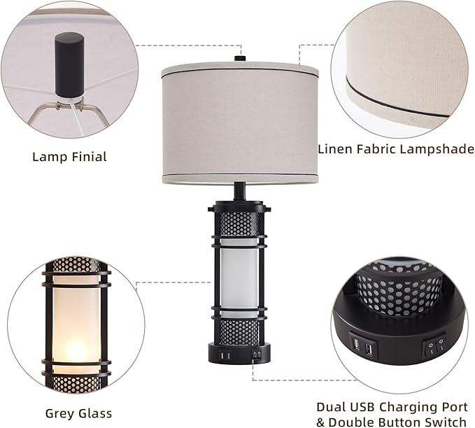 AIEAMPDO Set of 2 Modern Table Lamps for Living Room, Contemporary Nightstand Lamp with Dual USB Port, Bedside Lamps with White Frosted Glass Night Light for Bedroom, 4 Bulbs Included (Black)