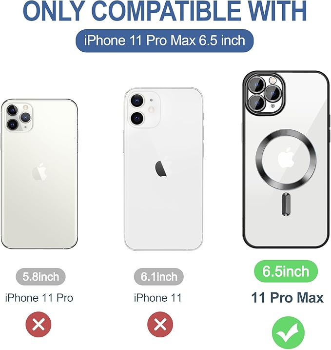 Hython Magnetic Clear for iPhone 11 Pro Max Case with Camera Lens Protector [Compatible with MagSafe] Plating Edge Slim Soft TPU Cover Protective Phone Case for iPhone 11 Pro Max 6.5", Black