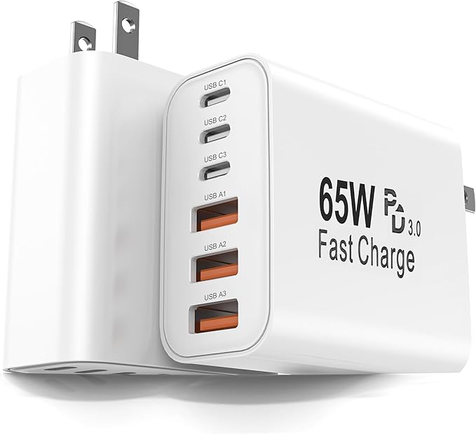 FEEL2NICE 2-Pack 65W USB C Charger Block, 6-Port Fast Wall Charger [3 PD USB-C & 3 QC 3.0 USB-A], Compact Adapter for iPhone 17 16 15 14 13 12 11 X 8,Pro,Max,iPad, iPod,Galaxy, Google & More
