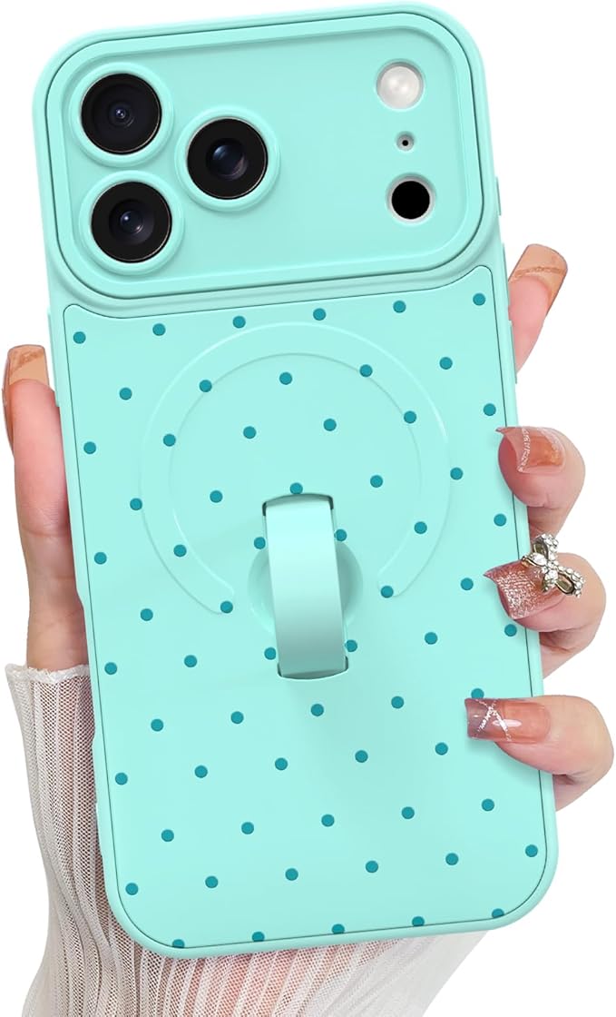 KANGHAR Compatible with iPhone 17 Pro Case, Support for MagSafe, Silicone Spot Cute Pattern, Wristband Kickstand Camera Protection Shockproof Soft Slim Cover for Girls Women, Blue
