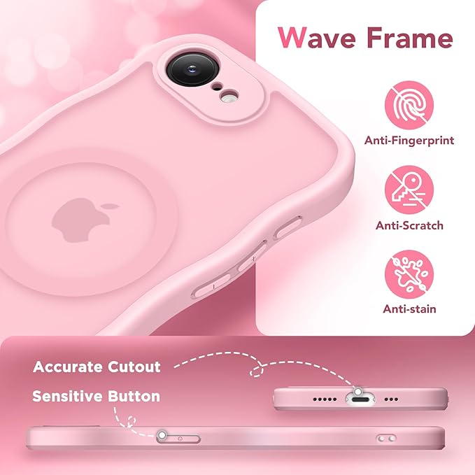 CAPRARO for iPhone 16e Case for Women Girls, Upgraded [Full Camera Protection] [Compatible with MagSafe] Cute Wave Translucent Matte Phone Case for iPhone SE 4 6.1-Inch, PeachPink
