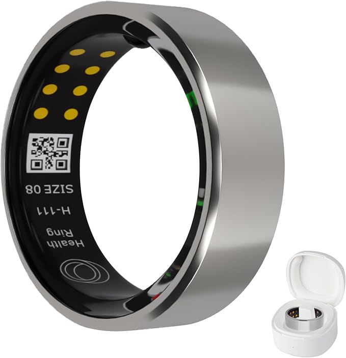 Smart Ring Health Tracker with Free Subscription, Fitness Sleep Heart Rate Blood Oxygen Tracking Ring with Charging Case,Great Gift,Silver,US E