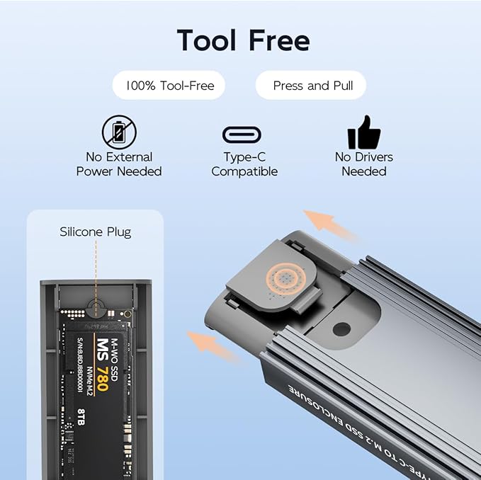 MAIWO M.2 NVMe SATA SSD Enclosure, USB 3.1 GEN2 10Gbps with UASP Trim, Up to 8TB, Tool Free PCIe NVMe NGFF SATA SSD Reader Case for 2230/2242/2260/2280mm M Key B+M Key