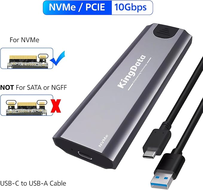 M.2 NVMe Enclosure, Tool-Free 10Gbps USB 3.1 Adapter for 2230/2242/2260/2280 M.2 SSD With USB C to A Cable