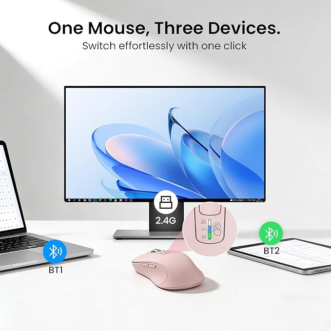 CITLLA Wireless Bluetooth Mouse (USB + BT1 + BT2), Full Size Mouse, 4-Way Scrolling, Multi-Device Silent for Computer, Laptop, iPad, MacBook (Pink)