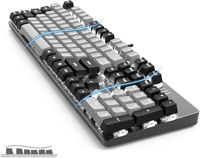 Merdia 104 Keys Wired Mechanical Gaming Keyboard | White LED Backlit US Layout | Hot Swappable Blue Switch Full Size Mechanical Keyboard | Black & Grey Keycaps Light Up PC Gaming Computer Keyboards