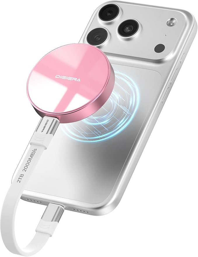 DIGIERA 2TB Magnetic Portable SSD, External Solid State Drives with USB-C 3.2 Gen 2x2, Speed Up to 2000MB/s, Compact & Durable, Compatible with iPhone 15/16 Series and Other USB-C Devices, Pink