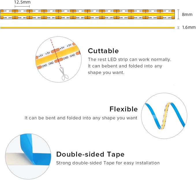USB LED Light Strip 6.56FT, 5 Volt USB Powered Dimmable COB LED Tape Lights, 6000K Daylight White 8mm High Density Flexible Strips CRI90+ for TV Backlight Under Cabinet Lighting Bedroom Kitchen