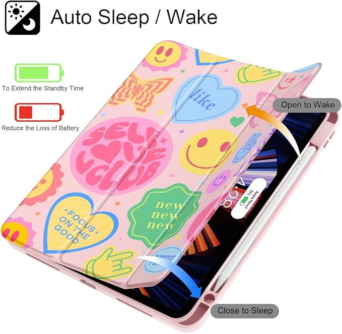 May Chen for iPad Pro 13 Inch Case M5 2025 / M4 2024, Built Pencil Holder & Clear Transparent Print Back Shell Slim Stand Shockproof Tablet Cover, Auto Wake/Sleep, Smile Art
