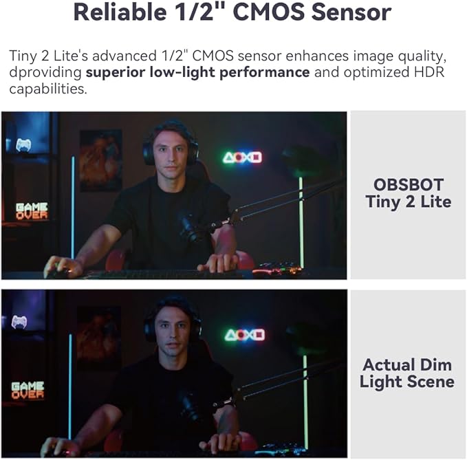 OBSBOT Tiny 2 Lite, PTZ 4K Webcam 1080P@60fps HDR, PC Camera with AI Tracking, Micros with AI Noise Cancellation, Tripod, Gesture Control, Auto Focus, Plug & Play, Ideal for Gaming or Streaming