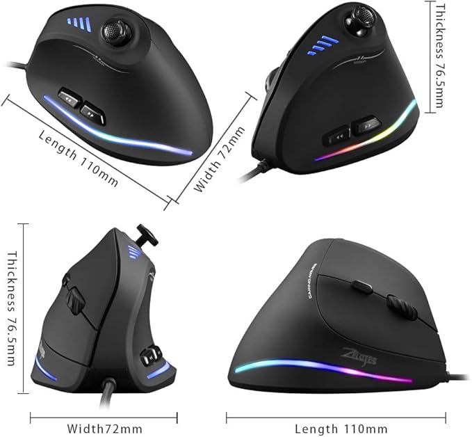zelotes Wired Gaming Mouse with Joystick,10000DPI,11 Programmable Buttons,RGB,USB Optical Corded Vertical Ergonomic Mouse,Mice for Laptop,PC,Mac,Black