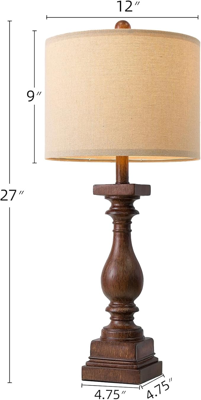 BOBOMOMO 27" Farmhouse Living Room Lamps with USB-A +C Ports, Vintage Rustic Bedside Night Stand Lamps Set of 2, Linen Shade, Retro Side Table Lamps for Living Room, Bedroom (Blubs not Included)