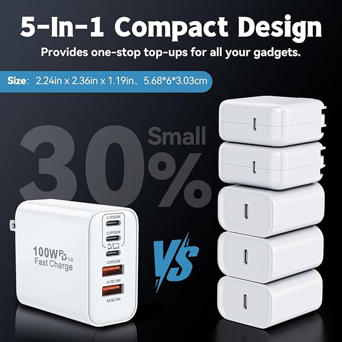 100W GaN USB C Charger Block,5-Port Type C Wall Charger Fast Charging, PD Power Adapter+QC Plug Multiport Type C Box Brick Cube Compatible with Apple iPhone 17 Air 16 15 14 13 12 Pro Max,MacBook,iPad