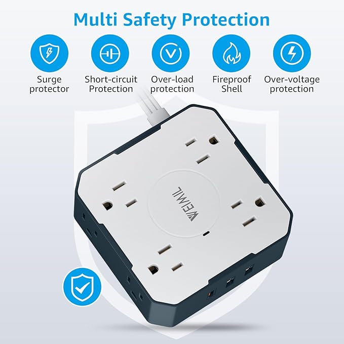 Surge Protector Power Strip, 5 Ft Flat Plug Extension Cord with 3 USB Charger(1 USB C Port) and 8AC Outlets, Wall Mountable Multi Plug Outlet Extender for Home Office