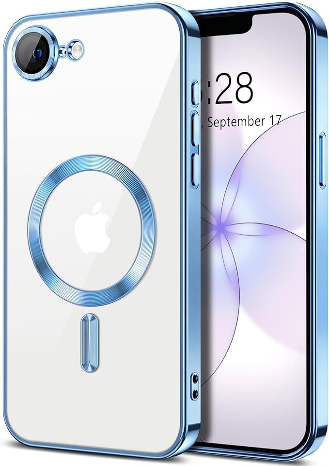 Hython Magnetic Clear for iPhone 17e Case with Camera Lens Protector [Compatible with MagSafe] Luxury Plating Edge Slim Soft TPU Cover Protective Phone Case for iPhone 17e 6.1", Light Blue