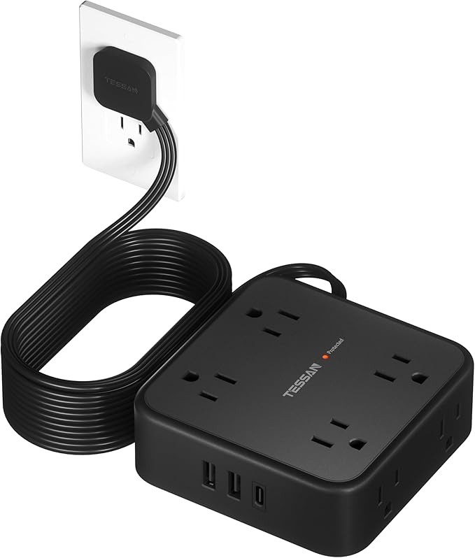 TESSAN Surge Protector Power Strip, 15 Ft Flat Plug Extension Cord with 3 USB (1 USB C) 8 Outlets, 1250W, 900J Protection, 3 Sided Outlet Extender with Power Switch for Office, Dorm Room, Black