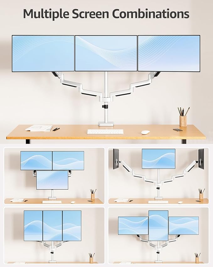 MOUNTUP Triple Monitor Stand Mount - 3 Monitors Desk Mount for Computer Screens Up to 27 inch, Triple Monitor Arm, Heavy Duty Monitors Stand, Each Arm Holds 4.4-19.8 lbs, White