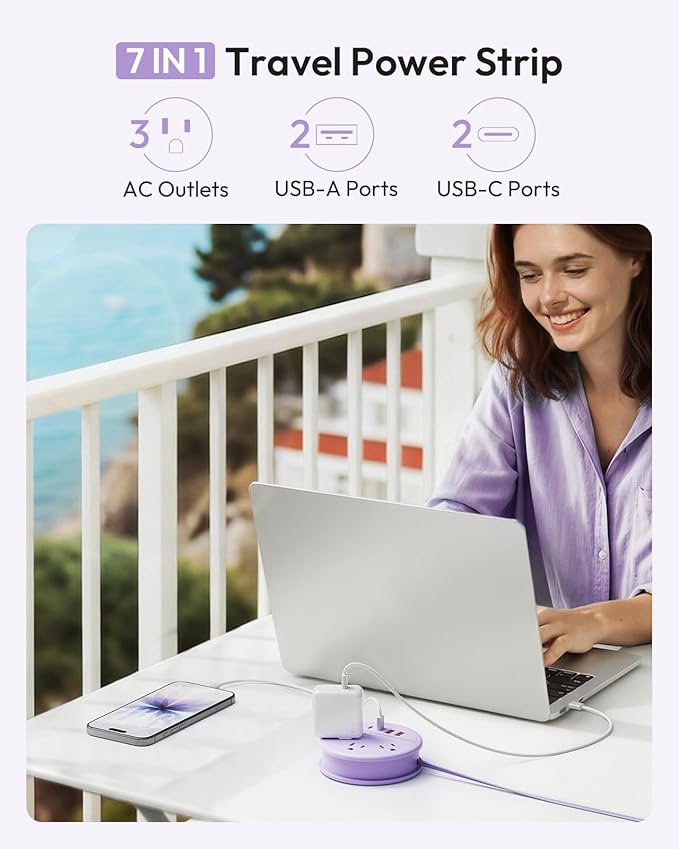 NTONPOWER Purple Travel Power Strip 20W, Travel Essentials, Cruise Essentials 2026 3 Outlets 4 USB Ports(2 USB C), 4FT Wrapped Around Extension Cord for Travel Cruise Ship Beach Vacation Essentials