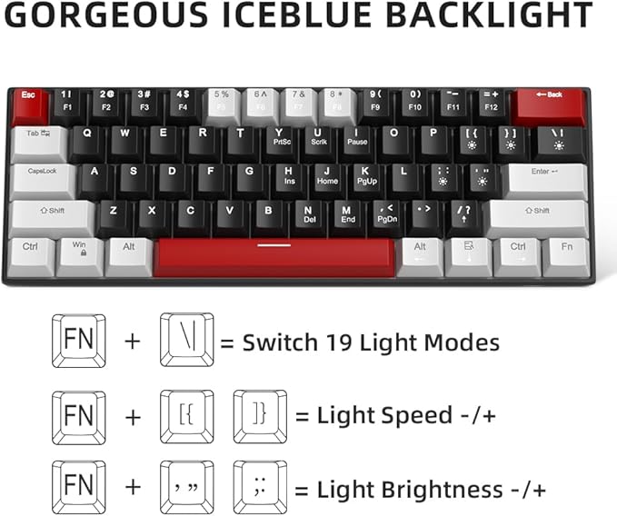 Camiysn 60% Mechanical Gaming Keyboard,Mixed Color Keycaps Gaming Keyboard with Linear Red Switches, Detachable Type-C Cable Mini Keyboard with Blue LED Light for PC/Laptop